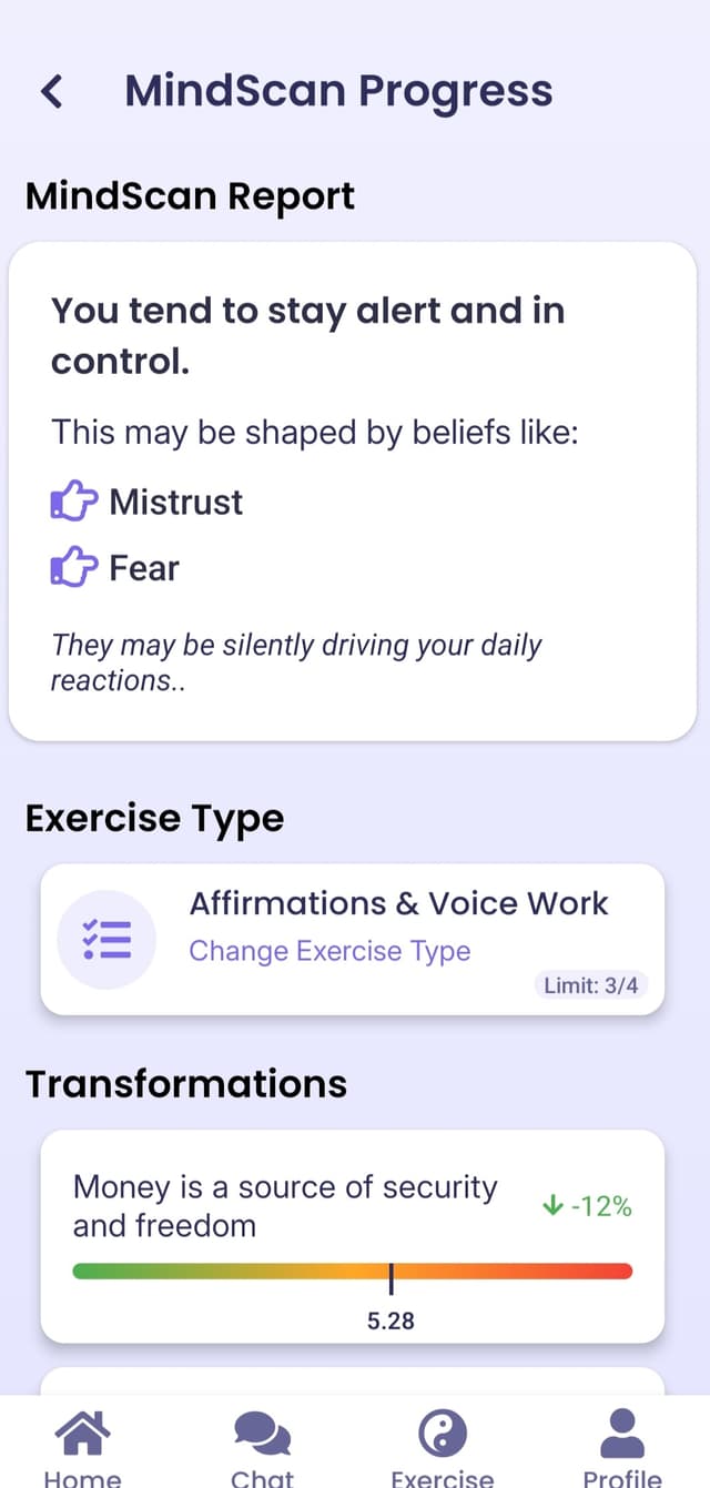 SubconsciousAI Identified Beliefs Screen
